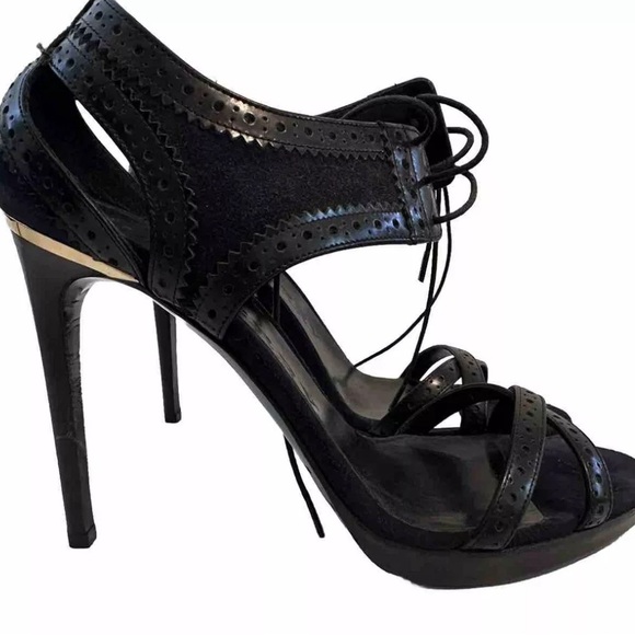 Burberry Blue Suede and Black Brogue Leather Gauld Lace Up Sandals Size 39.5 - Picture 3 of 6